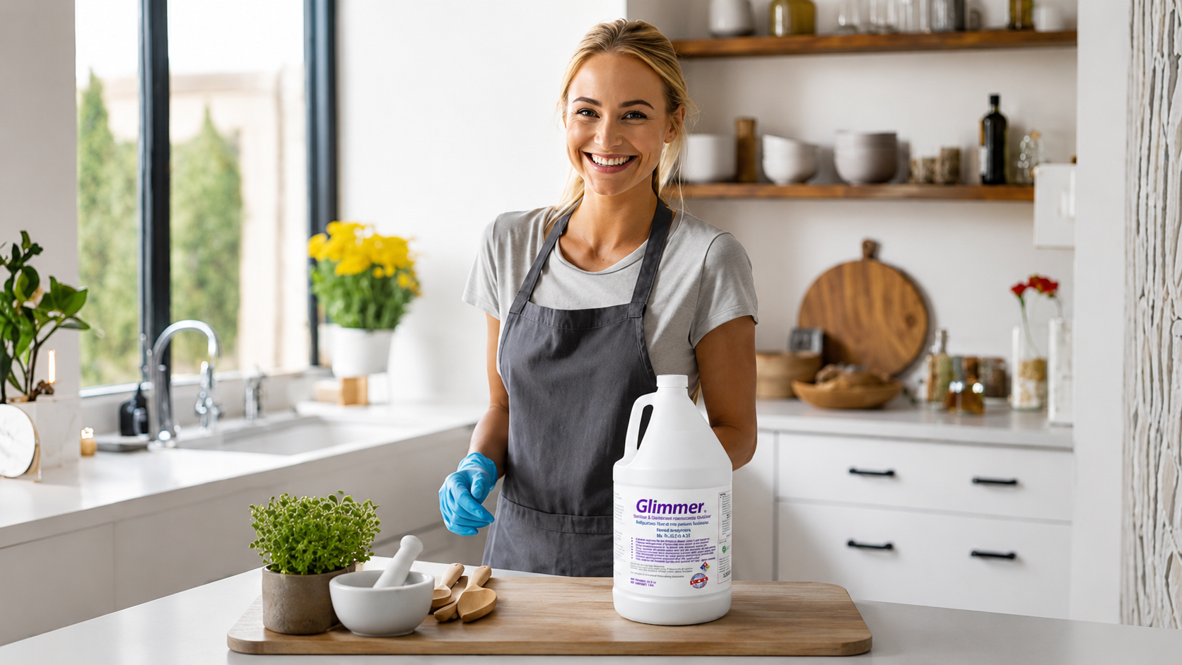 Mother using non-toxic all-natural disinfectant spray safe for kids and pets household cleaning