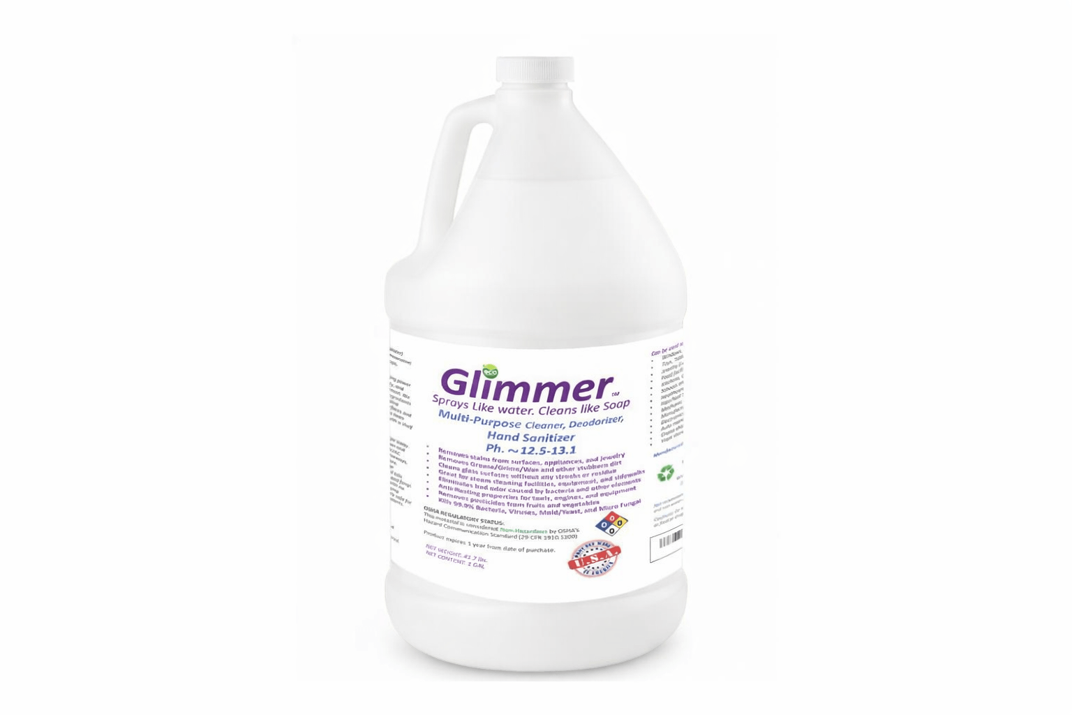 Glimmer all-natural effective cleaning disinfectant spray and hand sanitizer bottle on white background